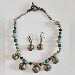 Boho Tribal Green Stone Bead Statement Necklace & Earring Set VTG Antique Brass
